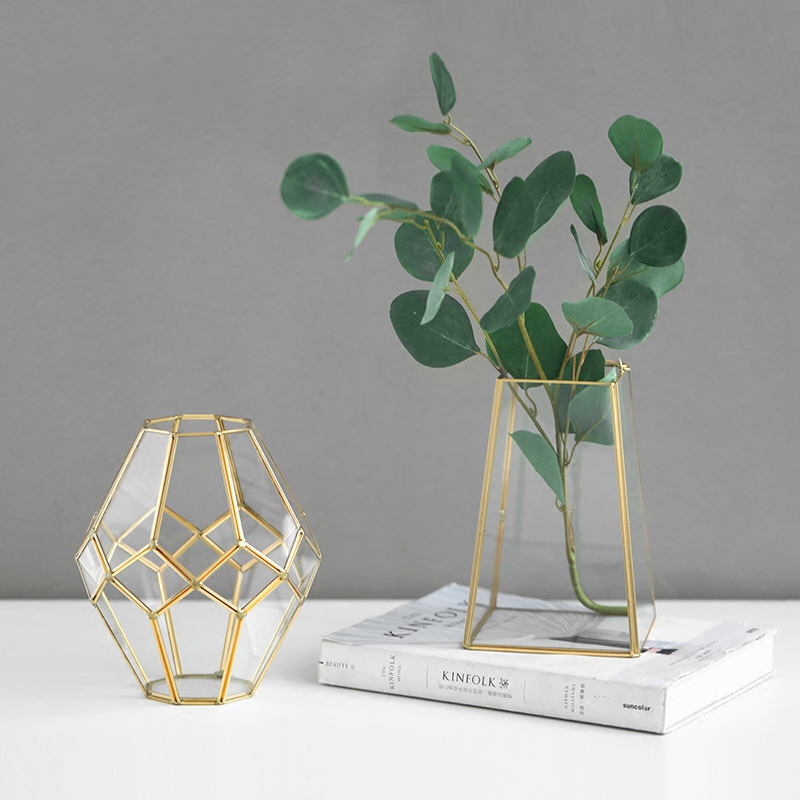 生活北欧创意复古古铜几何梯形玻璃花房手提花瓶