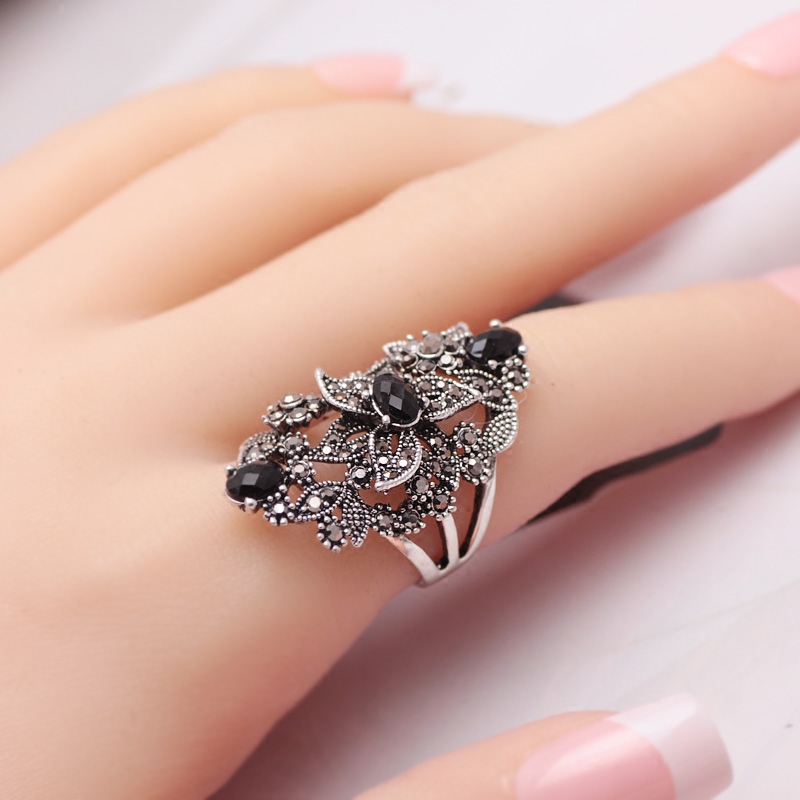 欧美花朵大气复古银镶钻个性食指戒指女中指潮人夸张指环日韩饰品