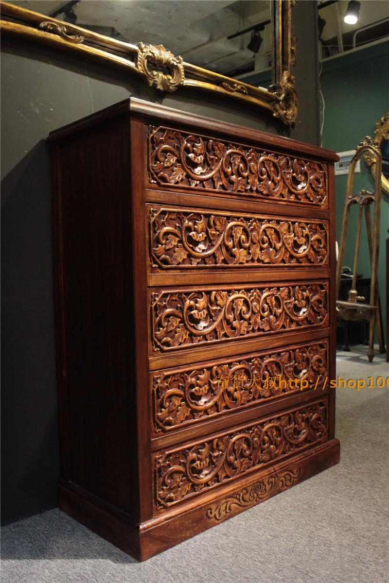 包邮鞋柜储物柜柜子抽屉六格东南亚五斗柜雕花榆木斗柜