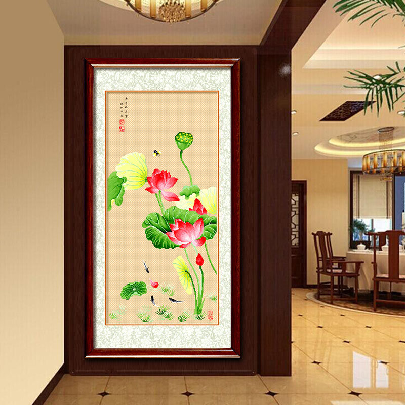 十字绣竖版荷花年年有余客厅书房玄关自己手工家用十字绣套件