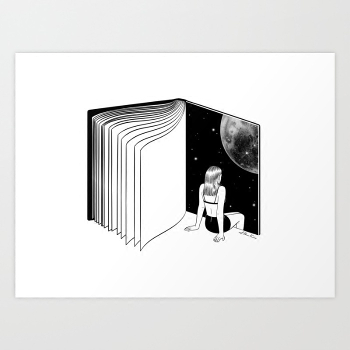 超现实女孩插画读书音乐黑白hennkim美国进口现代装饰画