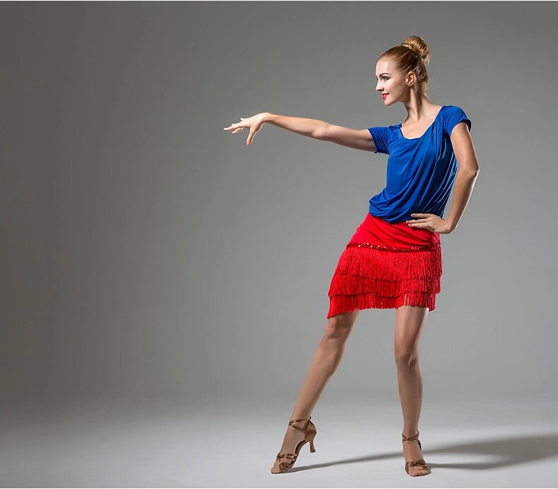 人气conny恰恰牛仔伦巴斗牛短袖短裙流苏练功拉丁舞练习套装