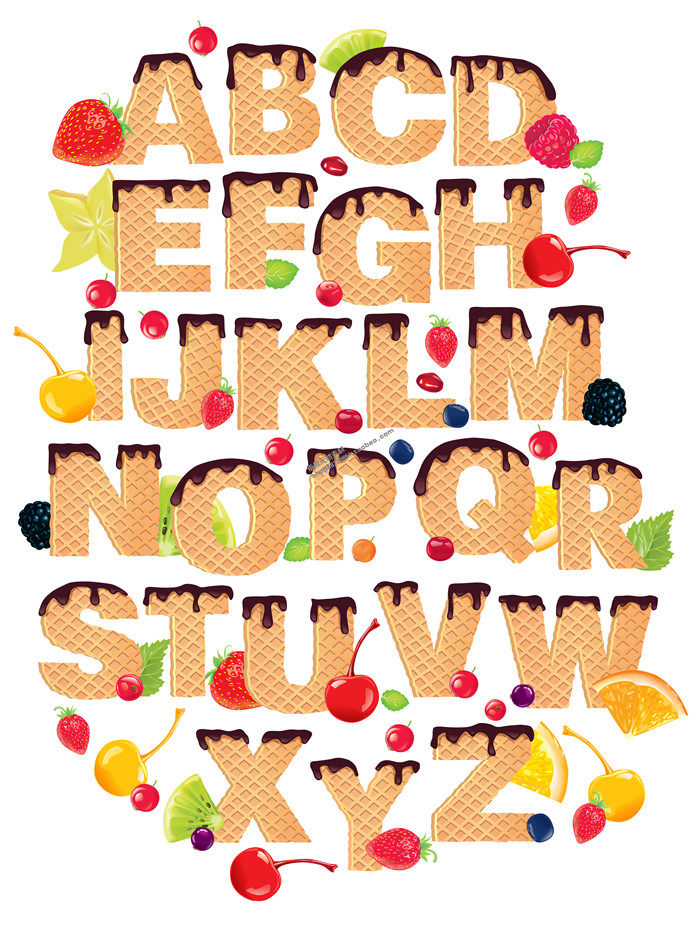 a1082矢量威化饼干水果巧克力组成英文字母图案设计素材