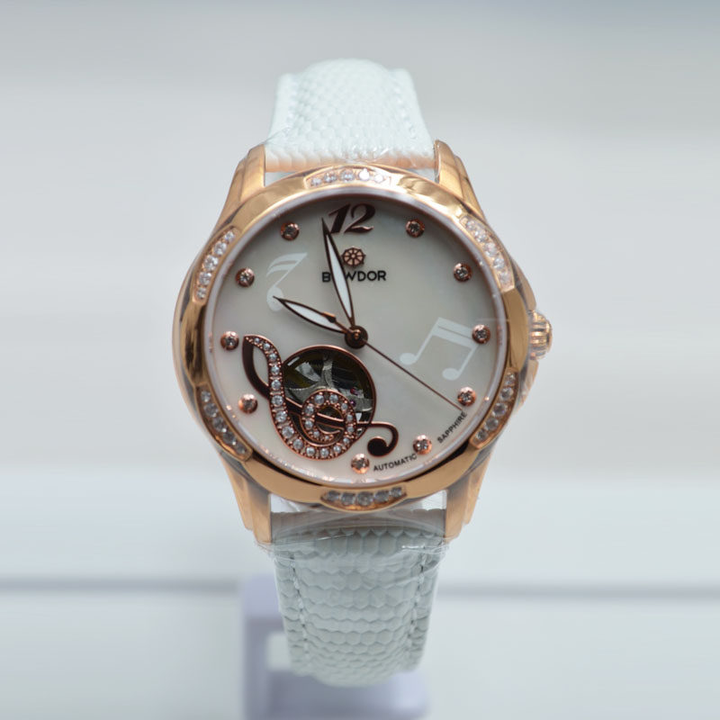 宝舵镶钻手表女士全自动机械表镂空女表红色真皮国产腕表