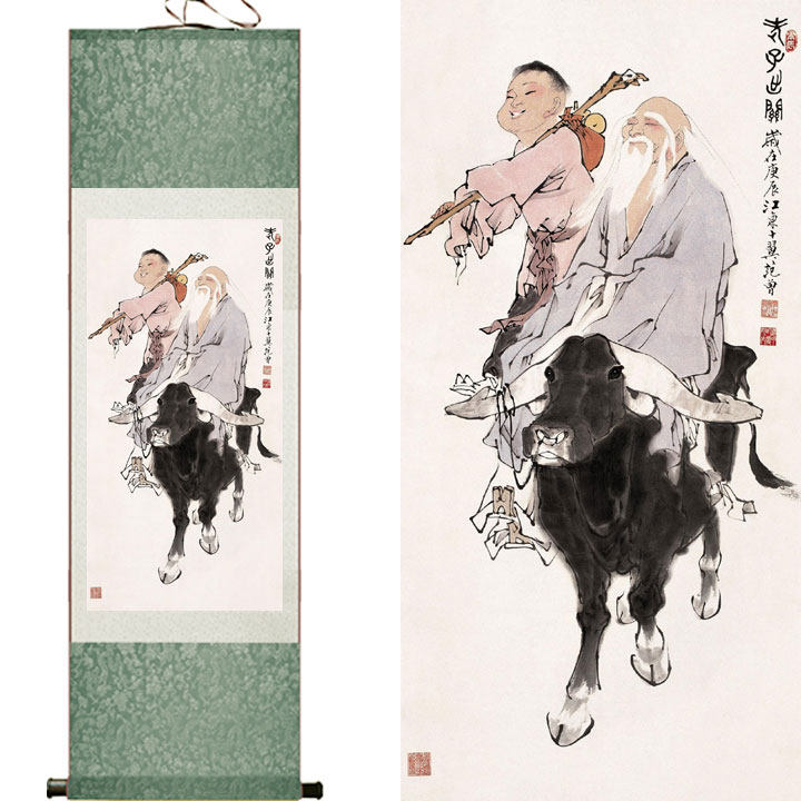 老子出关骑牛人物画丝绸画卷卷轴国画书房装饰画国画
