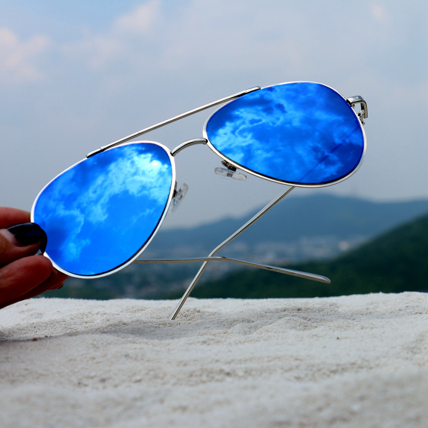 glasses海外代购时尚尚银飞行员经典蓝色镜面椭圆形太阳眼镜