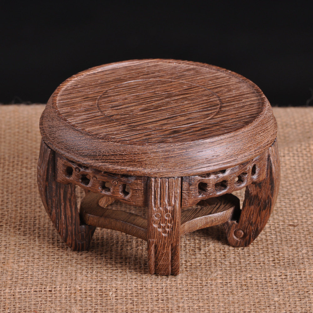 底座鸡翅木虎脚红木圆形摆件玉石花瓶青花瓷鱼缸木雕