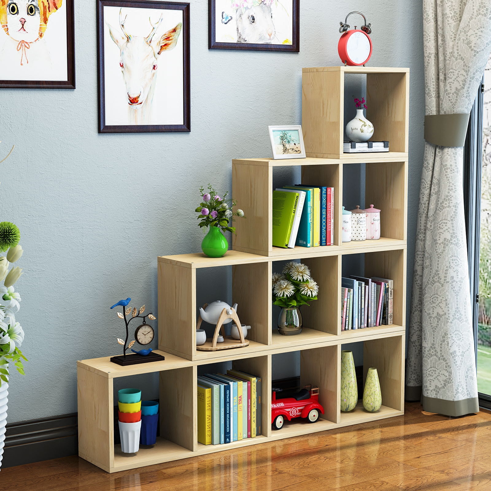 实木格子书架书柜展示摆件饰品组合梯形自由组组合书柜