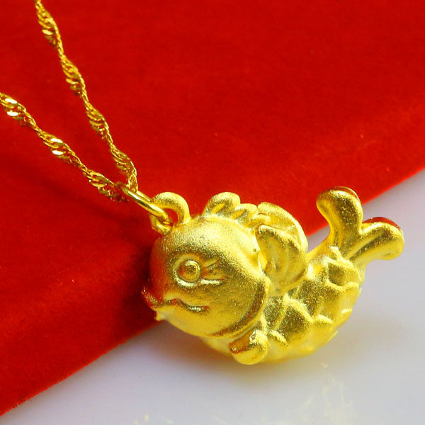 正品黄金项链吊坠足金男女小金鱼年年有余空心3d颈饰