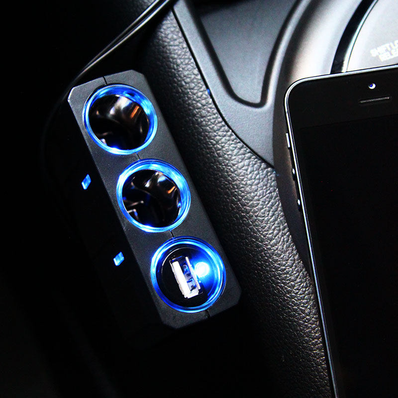 日本yac车用点烟器插座一拖二带usb充电器led车用点烟器