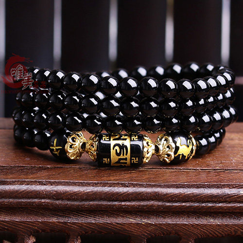 天然黑曜石手链108佛珠多层圈生肖好运手串男女本命年佛念珠鼠虎