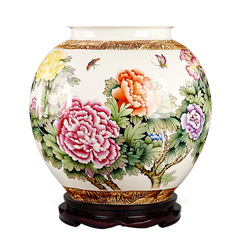 景德镇陶瓷器名家手绘粉彩牡丹牡丹花花瓶插花大口花瓶