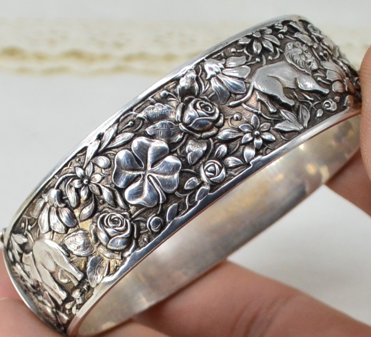 sold西洋古董首饰欧洲银满浮雕玫瑰大象四叶草手镯