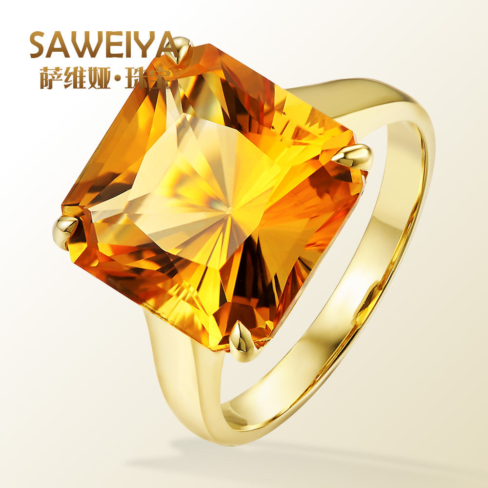萨维娅saweiya7.0克拉天然橙黄水晶戒指9k18k黄金女钻石切工轻奢