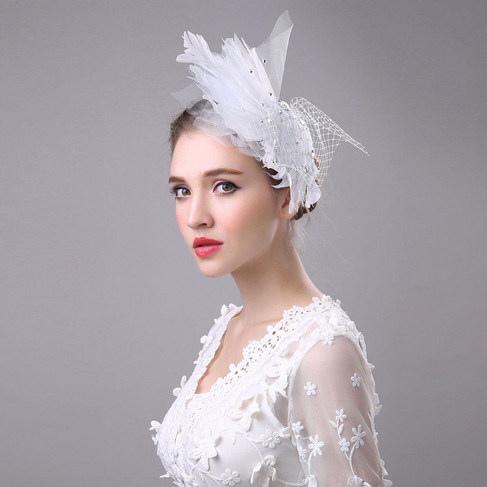 头饰欧美新款演出配饰白色羽毛面纱发夹天鹅发饰