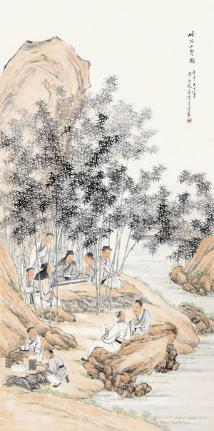 仿古古画名画复制品陈康侯竹林七贤中国画水墨画山水