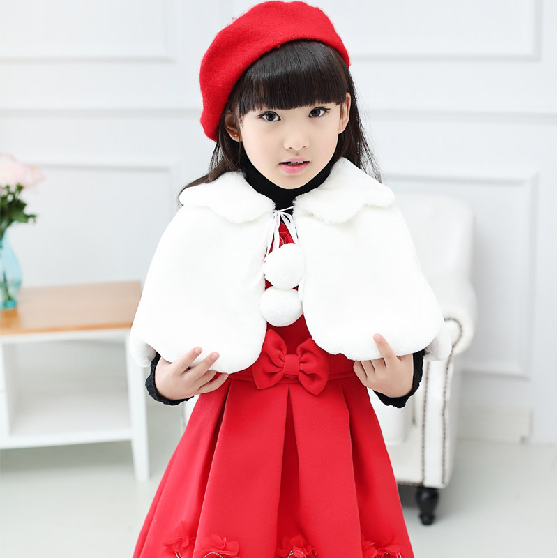 秋冬季白色女童毛绒披肩花童礼服外套912岁大童披风