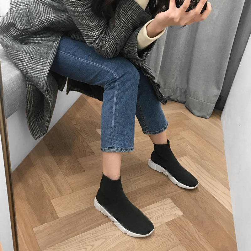 鞋袜ins网红弹力针织高帮袜子运动女鞋靴女连高帮鞋
