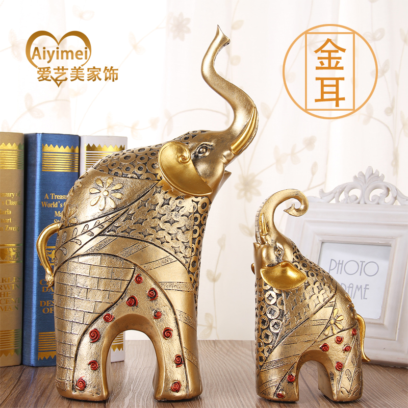 欧式母子金色大象树脂摆件 橱柜摆设 客厅家居装饰品高档工艺礼品