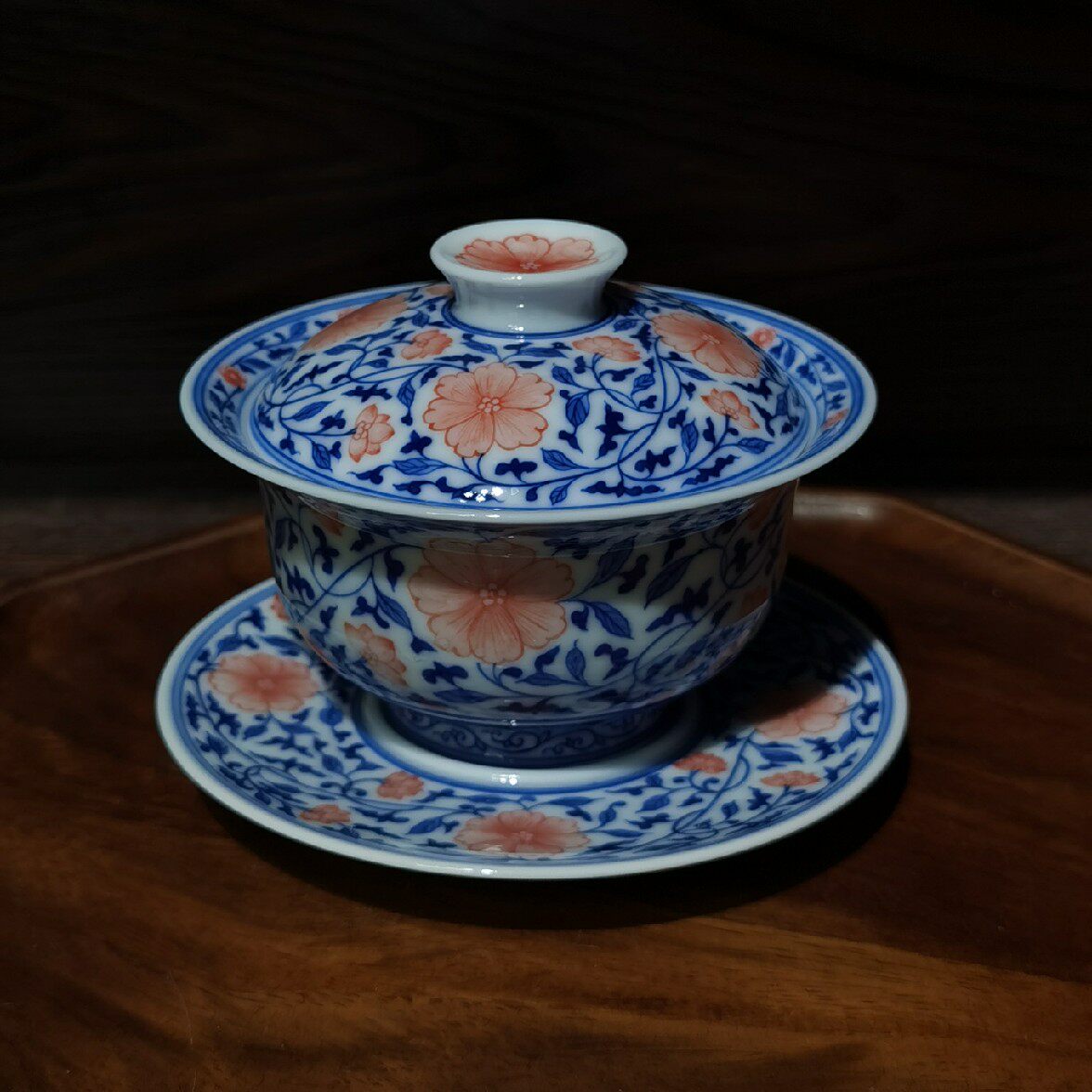 华云景德镇手工柴窑青花瓷三才盖碗大号茶杯手绘盖碗