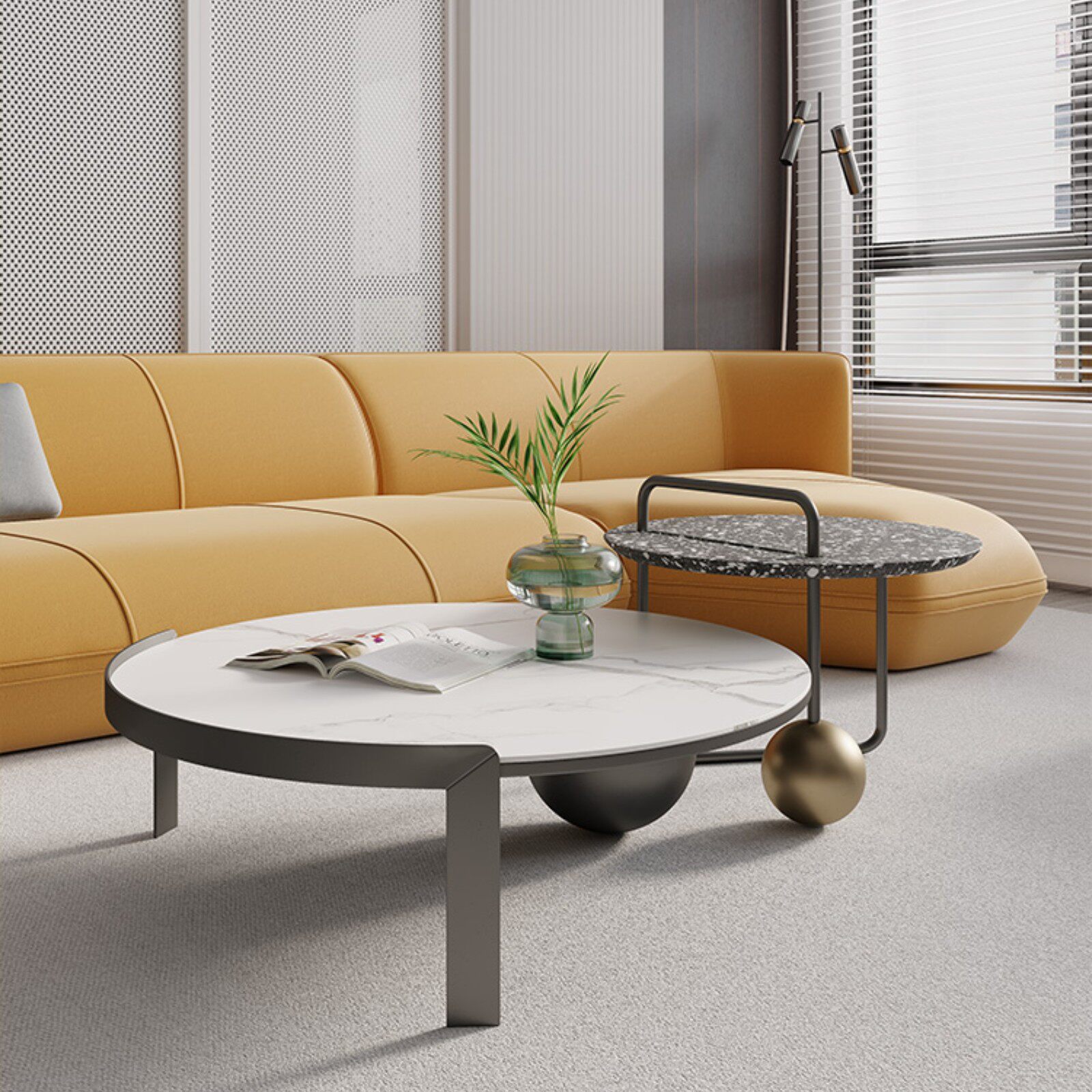 茶几轻奢风格不锈钢电镀工艺岩板组合水磨石空间茶几