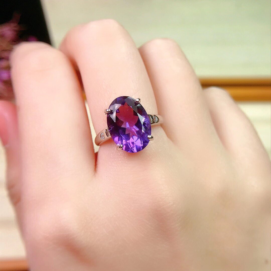 简单大气鸽子蛋天然紫水晶戒指活口招财女戒晶体戒指