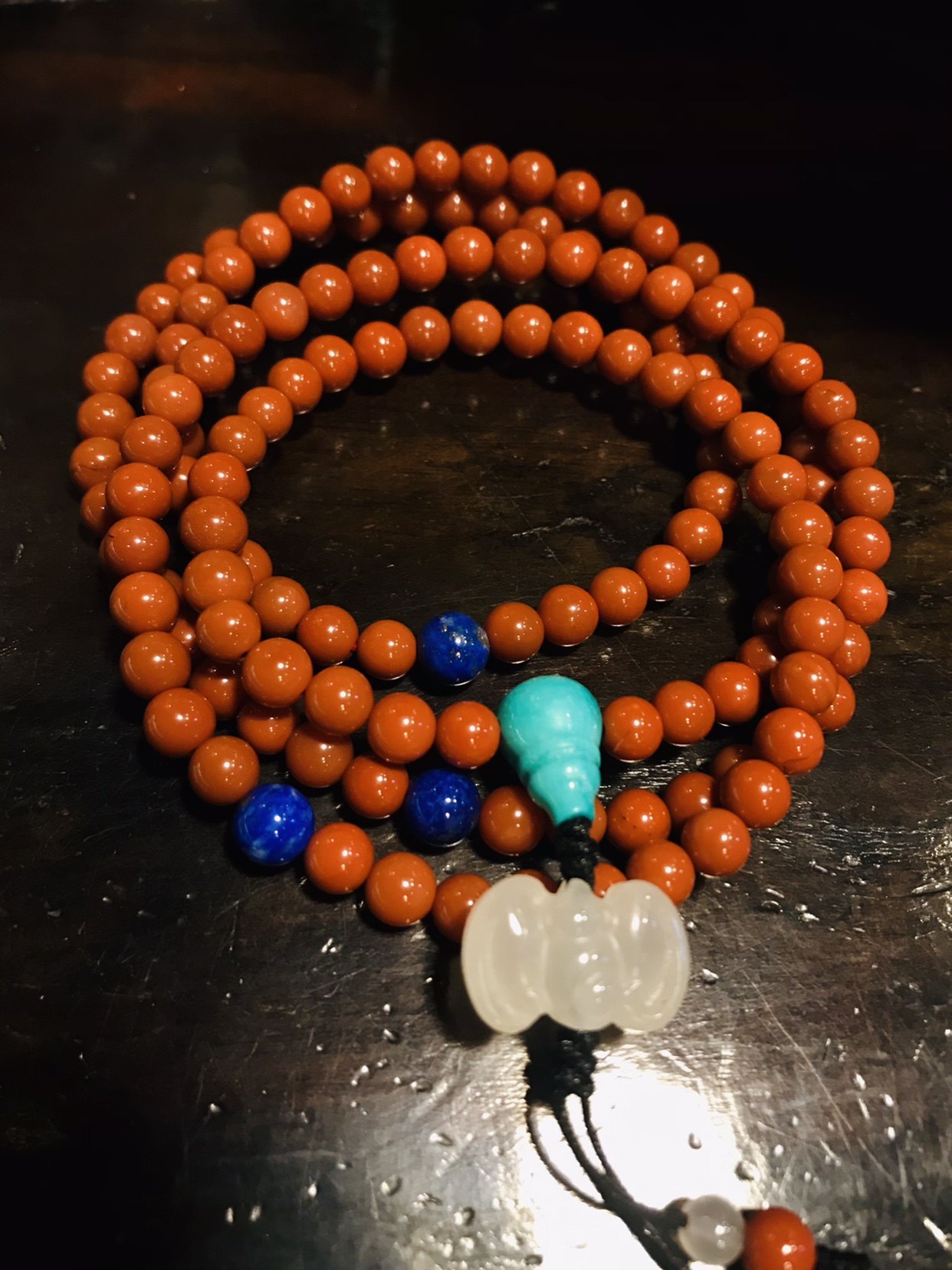 天然瓦西南红满色满108颗佛珠手链背云和田三通手饰