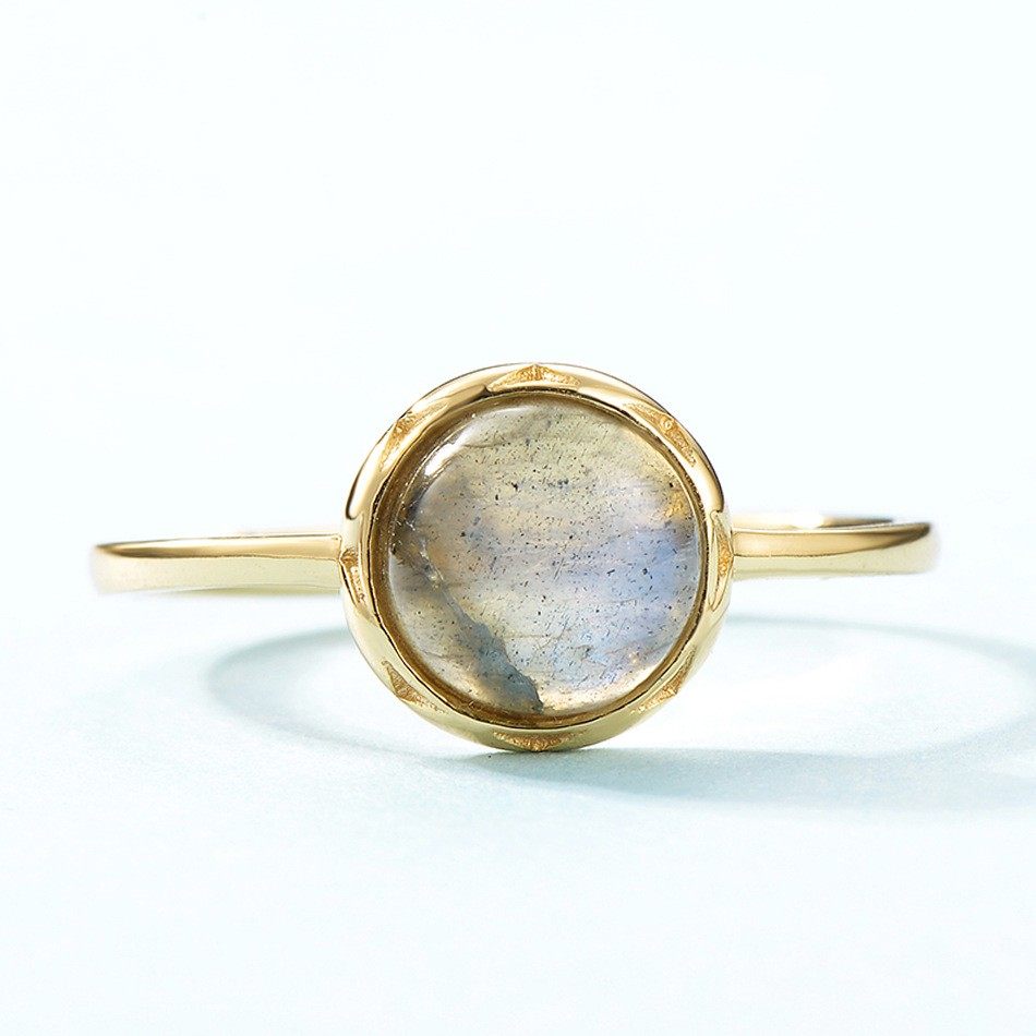 s925银日韩简约风天然非洲拉长石戒指女蓝光圆形几何戒指生日礼物