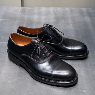 强尼制靴 男士 茶芯马皮牛津皮鞋 低帮皮鞋 复古系带圆头军官皮鞋