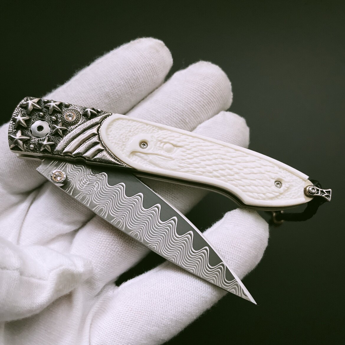 现货美国威廉亨利b10宣言波浪大马士革银刀刀柄牛骨手其他户外刀具