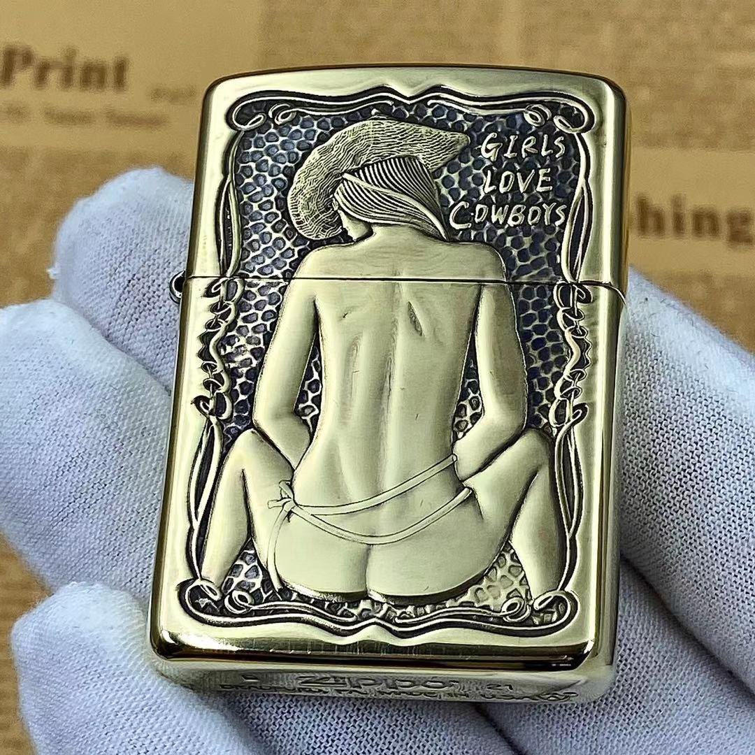 zippo正品芝宝打火机纯铜浮雕牛仔女郎性感男士zippo