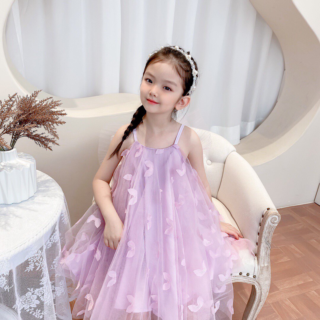 夏季女童吊带连衣裙后背蝴蝶结公主裙薄款小女孩度假连衣裙