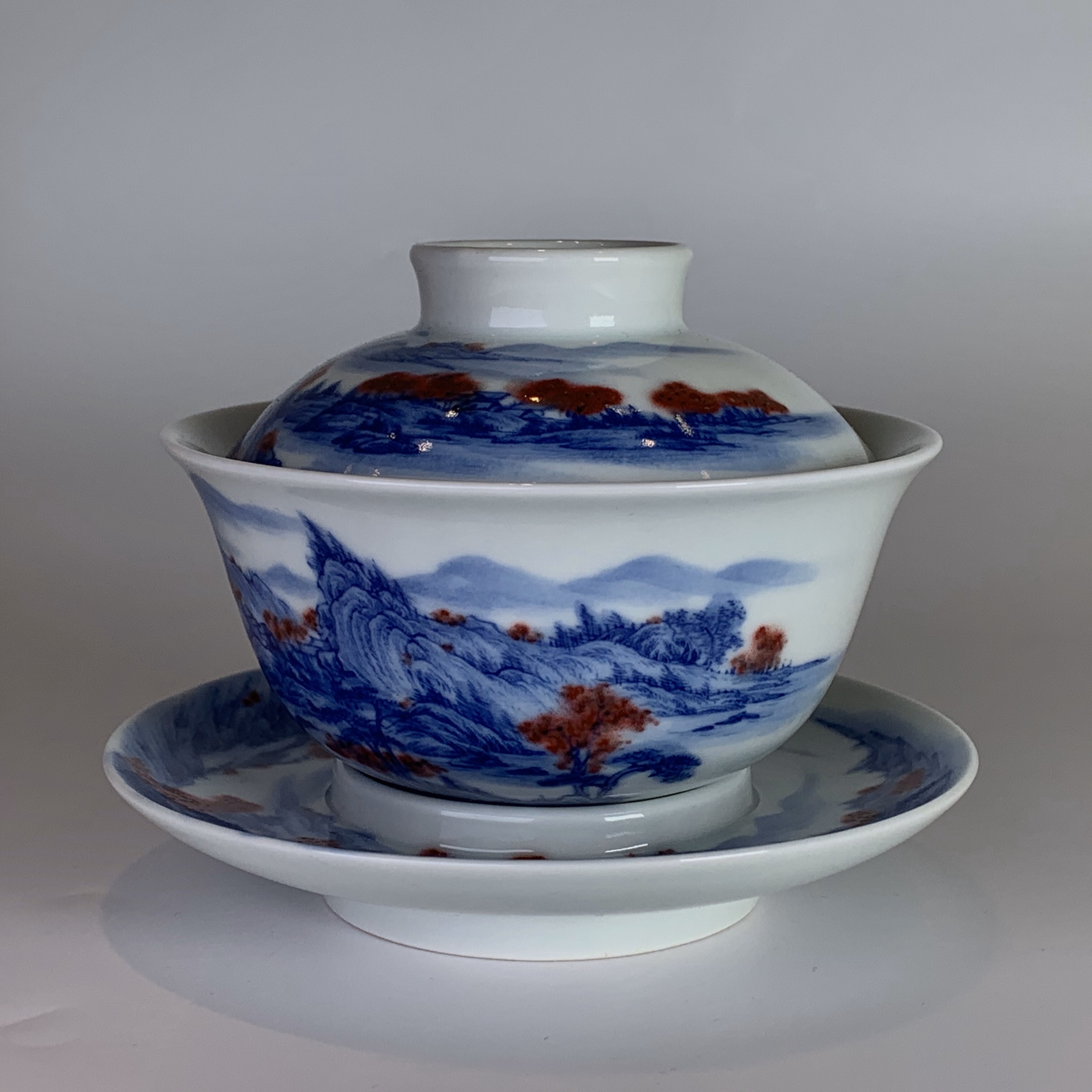 余寅窑青花釉里红山山水富春山居图三才大盖碗泡茶文化创意杯子