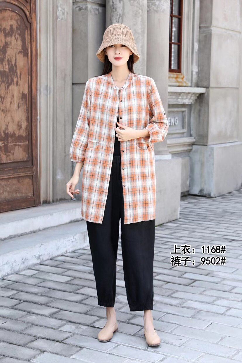 2022骄娜世家夏季新款时尚棉麻格子开衫中长防晒大码女装
