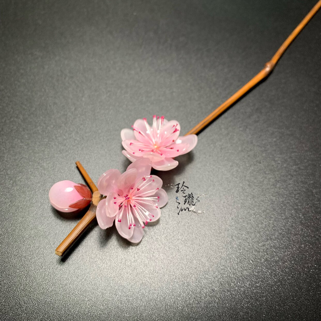 玲珑沁原原创手工热缩仿真重瓣桃花发簪天然竹发饰