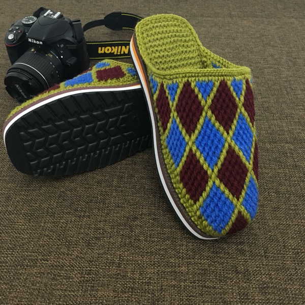 拖鞋新品手工毛线菱形格子婚嫁春秋秋冬居家居家棉拖