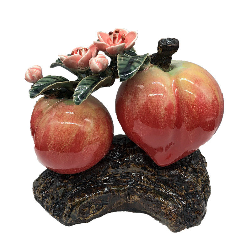 花开富贵寿桃桃子陶醉石湾陶瓷公仔装饰品工艺品精品摆件
