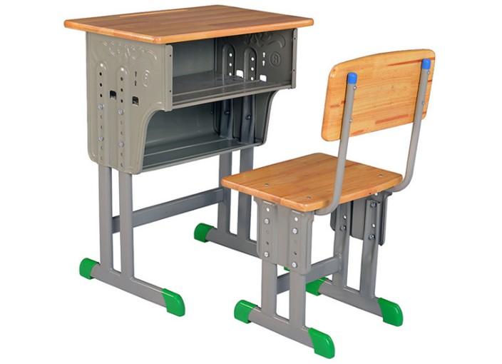 橡木双层双柱升降课桌椅翻盖单柱桌课桌椅