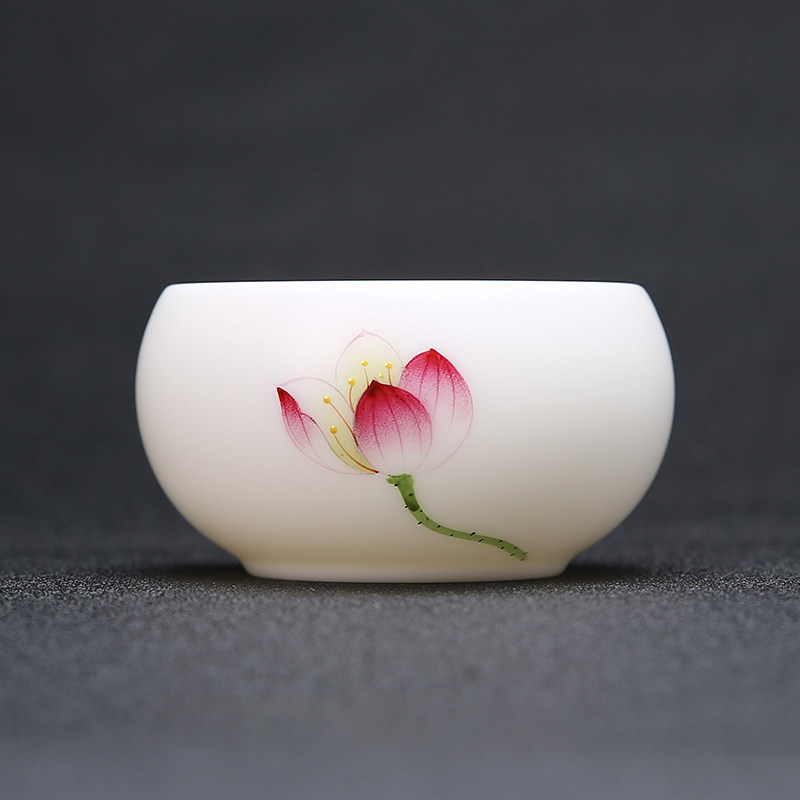 聚瓷手绘荷花白瓷素烧手工茶杯茶具品茗杯单杯茶杯