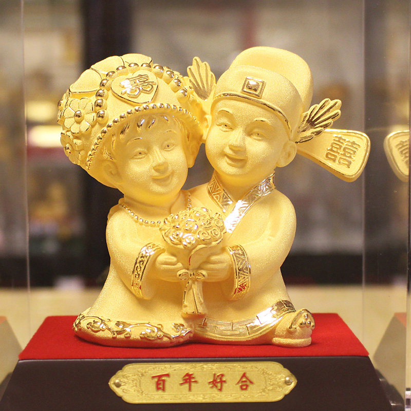 精铸足金绒沙金婚庆黄金摆件送闺蜜亲朋订婚新婚定制礼品结婚礼物