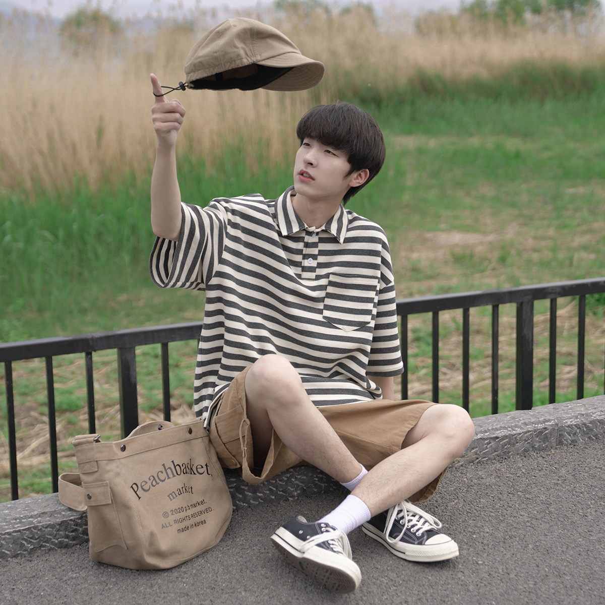 250g重磅夏装男士Polo衫日系复古宽松横条纹舒适短袖T恤学生上衣