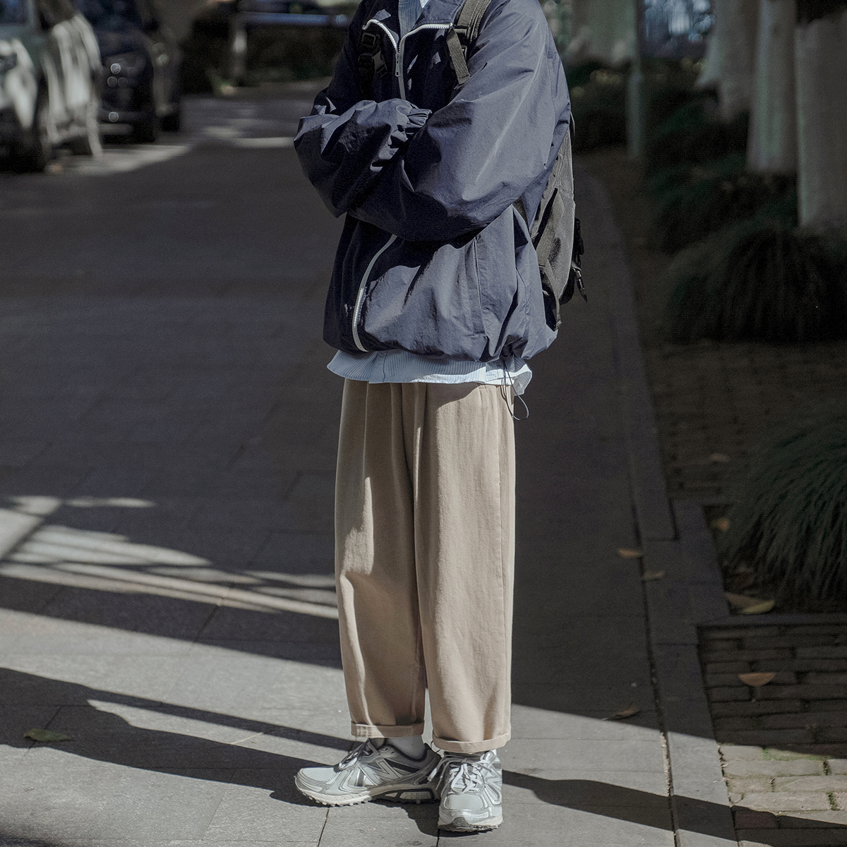 E022春季新品男士休闲裤韩版宽松纯色百搭直筒裤bf风学生九分裤