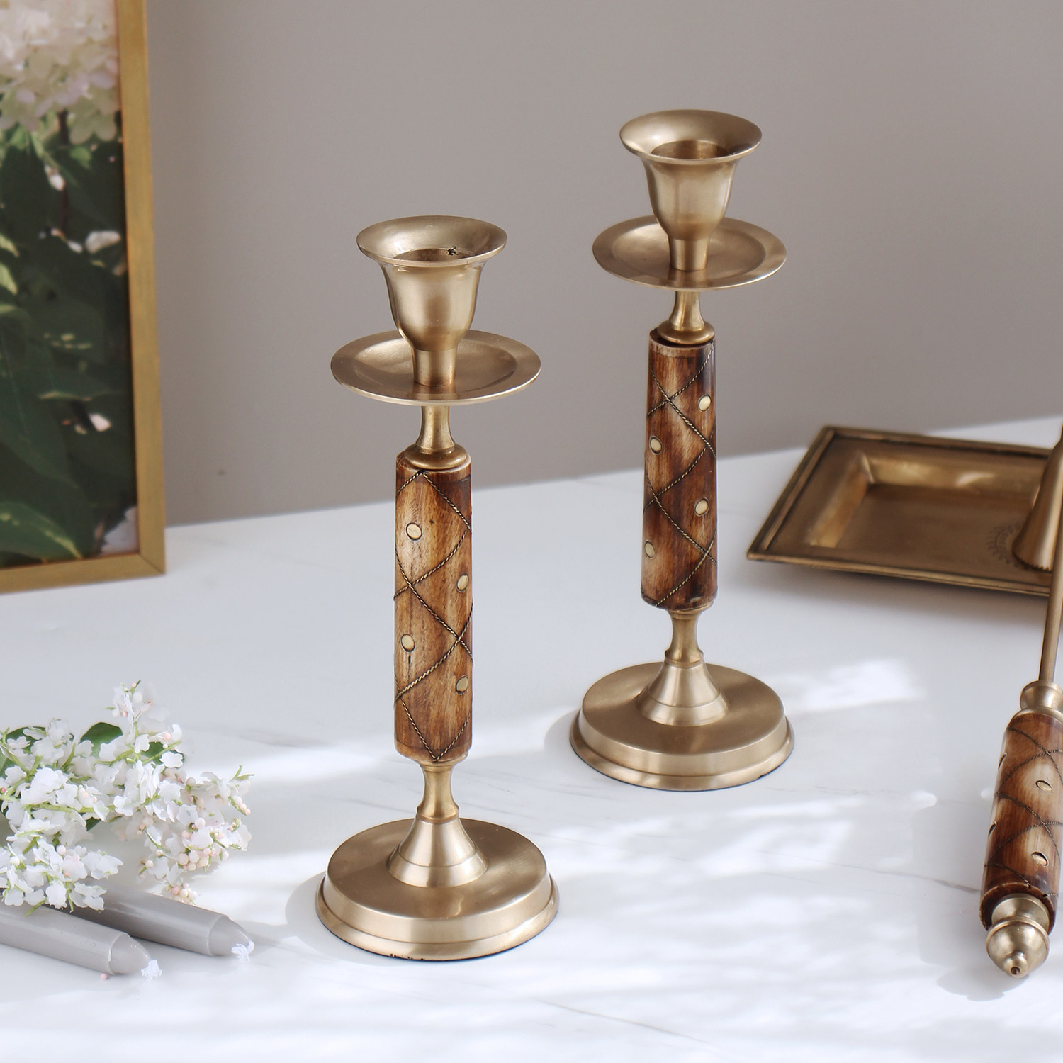 印度进口黄铜蜡烛烛台灭烛高档轻奢欧式复古烛台