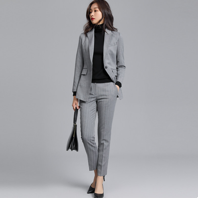 气质两件西服工作正装条纹灰色职业装新款秋季职业女裤套装