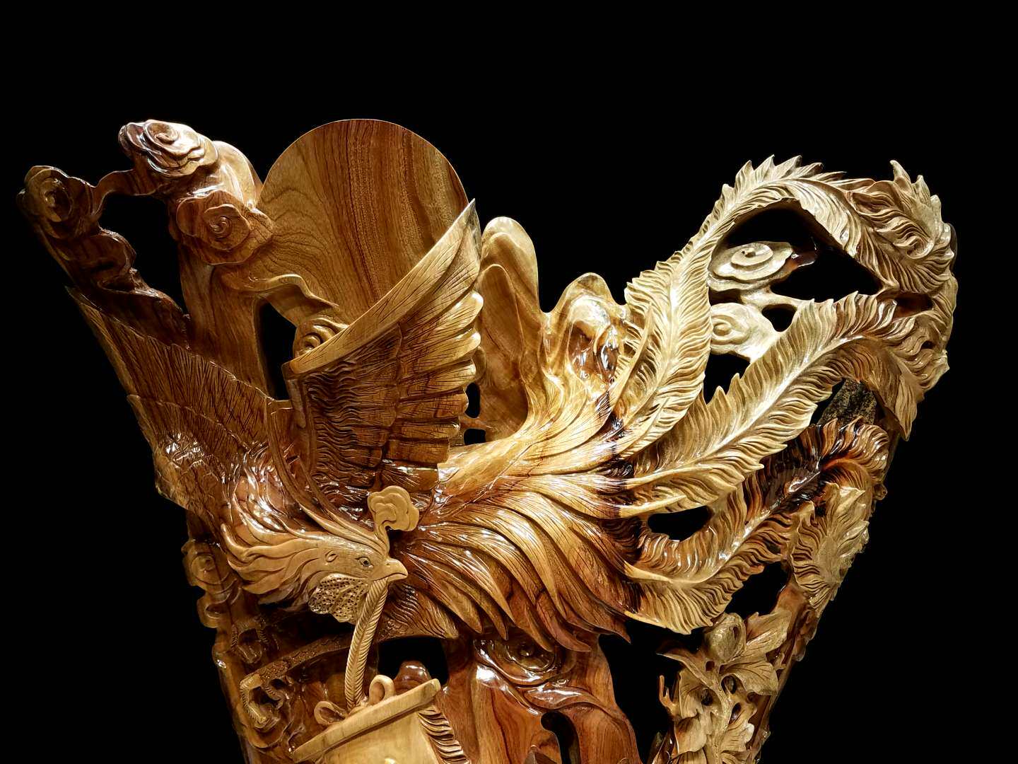 根雕木雕花开富贵凤凰于飞香樟樟木风水酒店摆件实木根雕