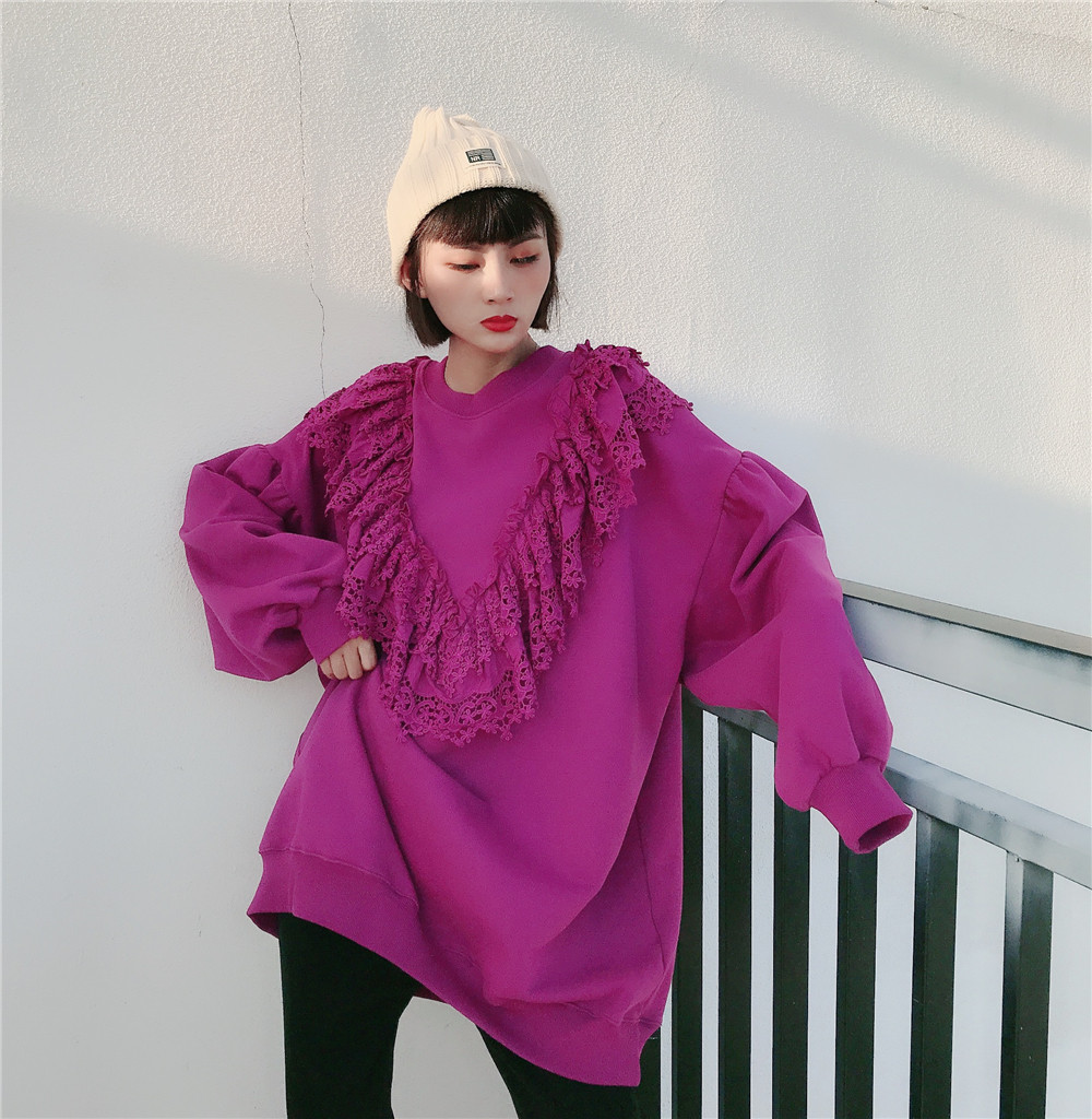 sunflower蕾丝卫衣女中长春秋冬装宽松韩版bf长袖卫衣