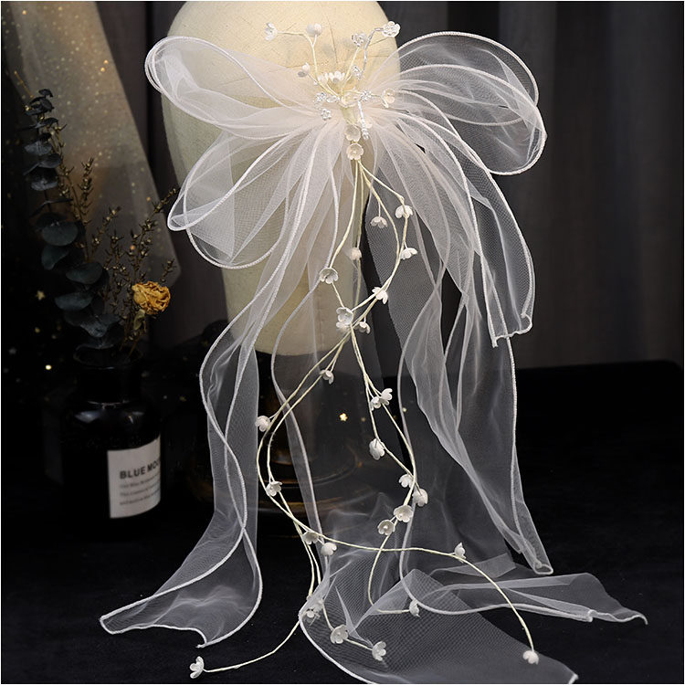 头饰2021新娘超仙森系缎面发带蝴蝶结头纱结婚发饰