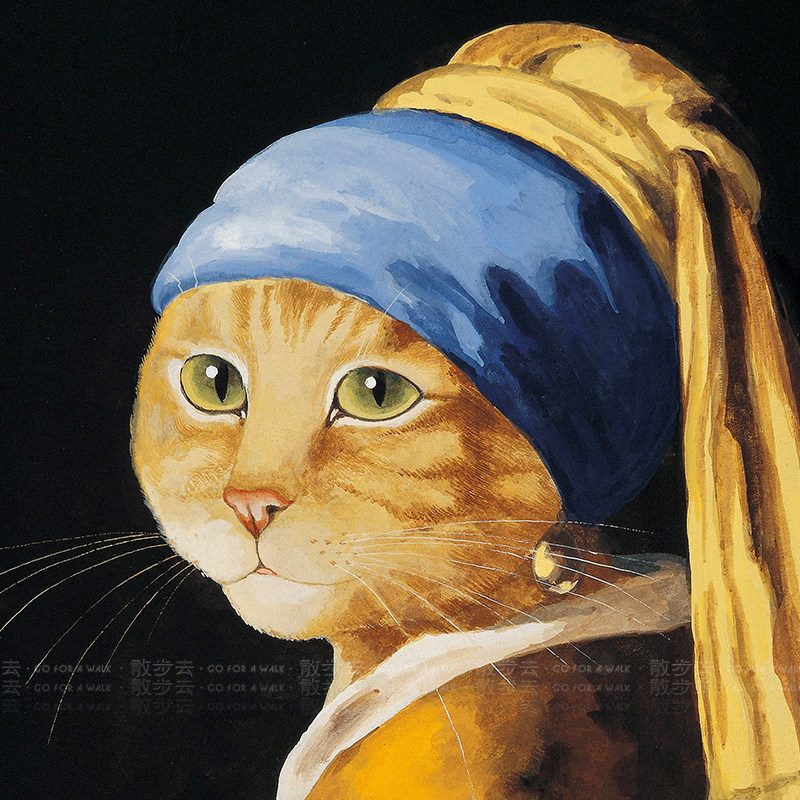 散步去戴珍珠耳环猫搞小众创意装饰画动物个性现代装饰画