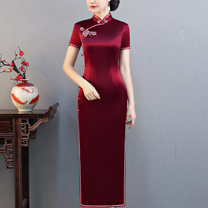 醋酸缎面旗袍长款婚礼女方妈妈晚礼服高级孩子旗袍