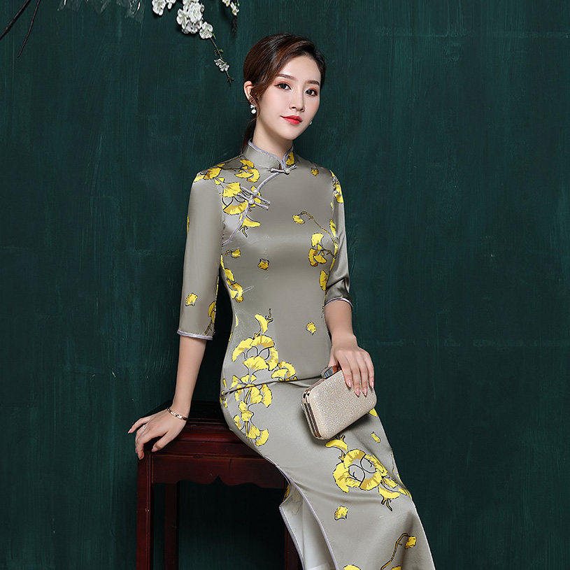 高档真丝桑蚕蚕丝旗袍长款中袖复古端庄大气旗袍